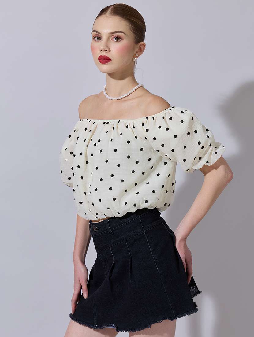 women polka doted off shoulder crop top - 22321948 -  Standard Image - 2