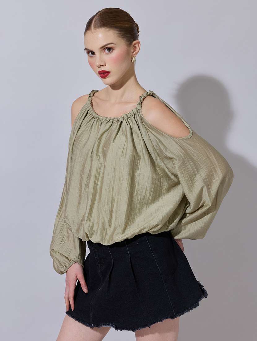 women solid cold shouler blouson top - 22321950 -  Standard Image - 2