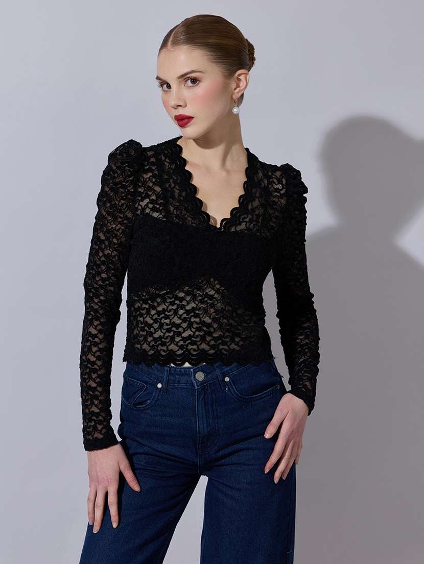women self designed puff sleeve lace crop top - 22321953 -  Standard Image - 2