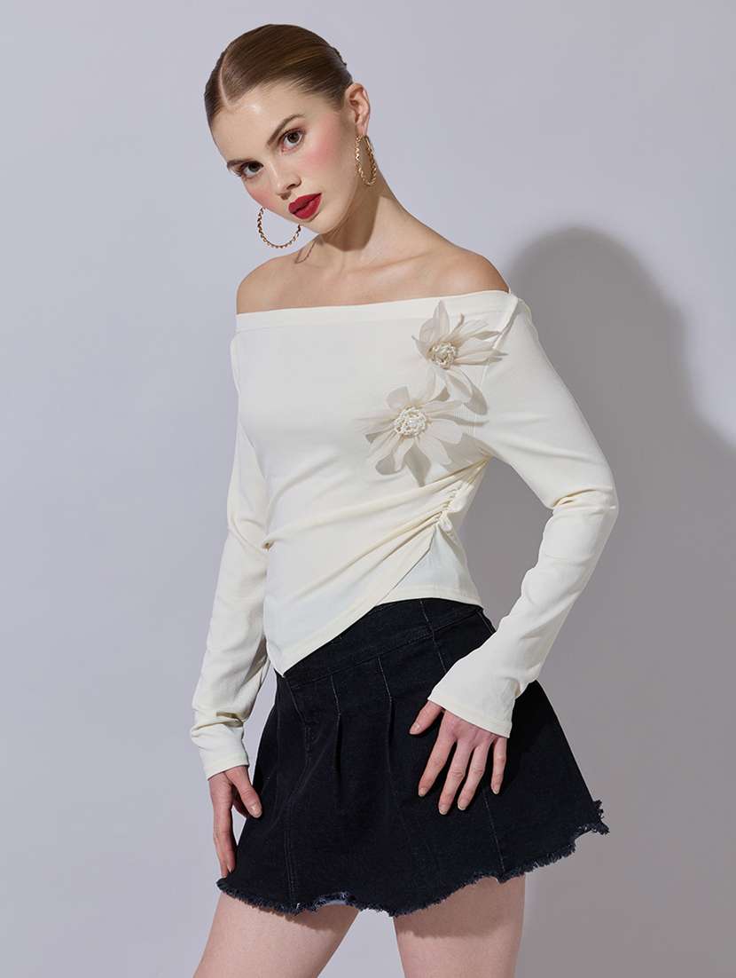 women solid off shoulder long sleeve top - 22321954 -  Standard Image - 2