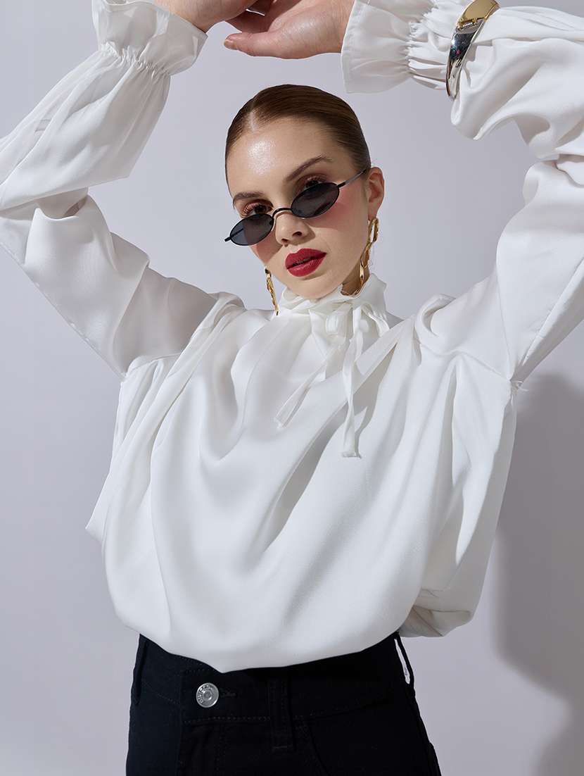 women solid long sleeve blouson top