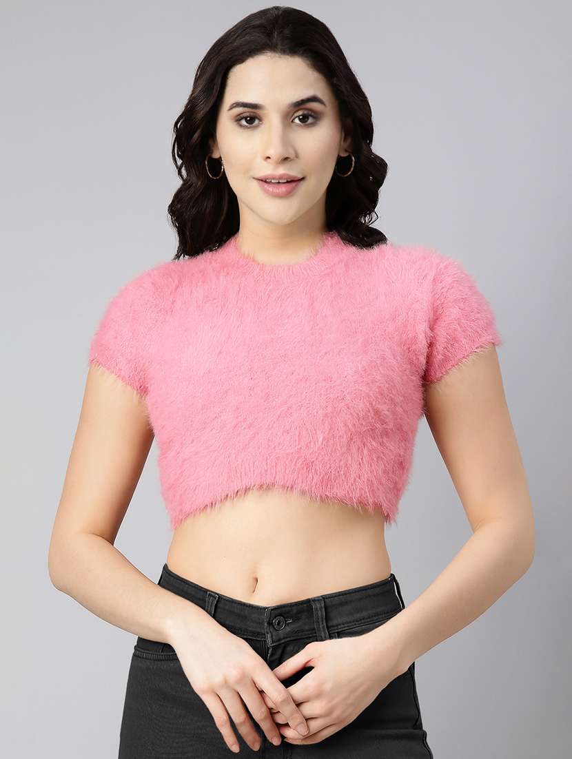 women solid short sleeve crop top