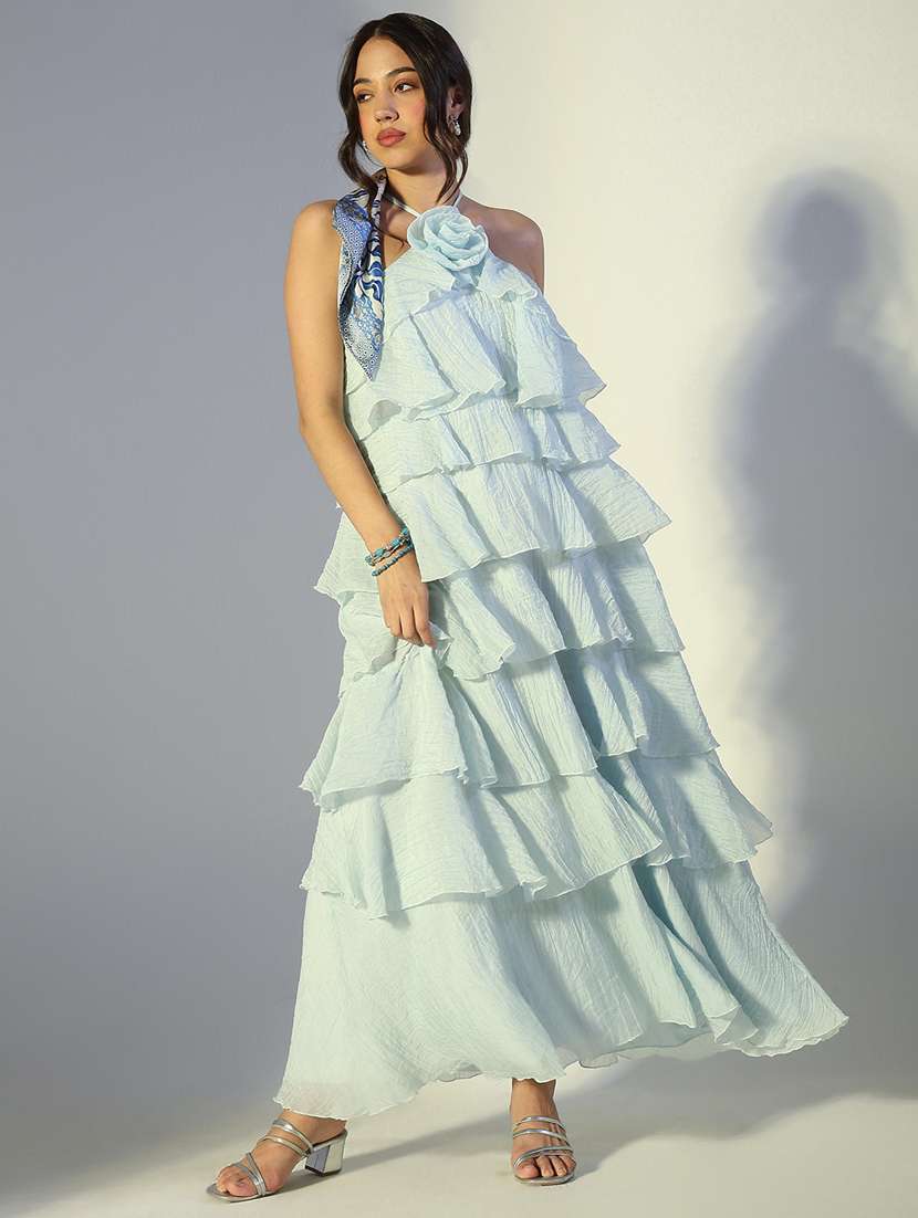 women solid halter neck sleeveless ruffle dress - 22321984 -  Standard Image - 2