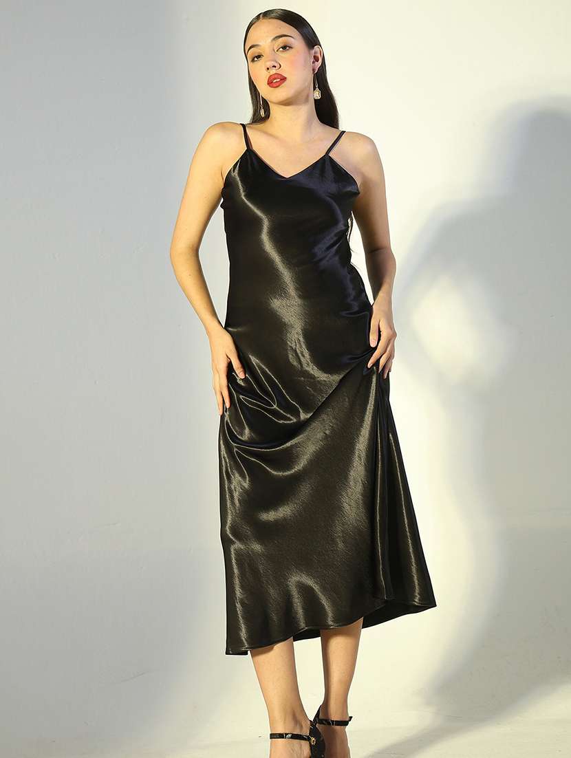 women solid shoulder strap a-line dress