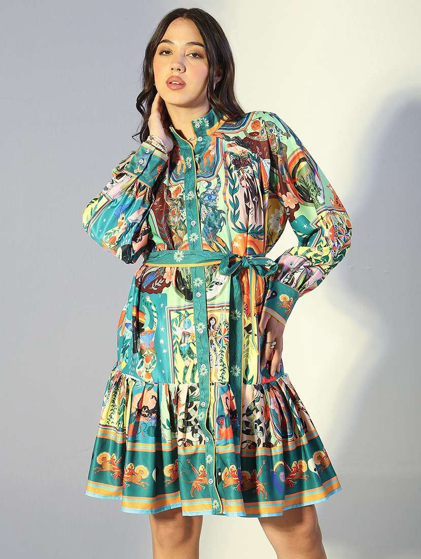 women printed puff sleeve tiered dress