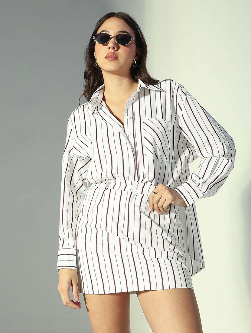 women striped collared long sleeve shirt dress
