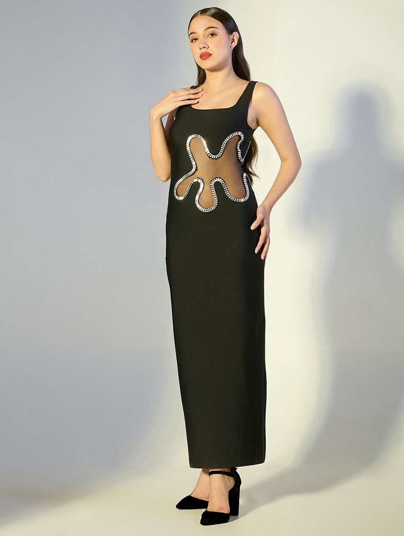 women solid sleeveless mesh detailed bodycon dress