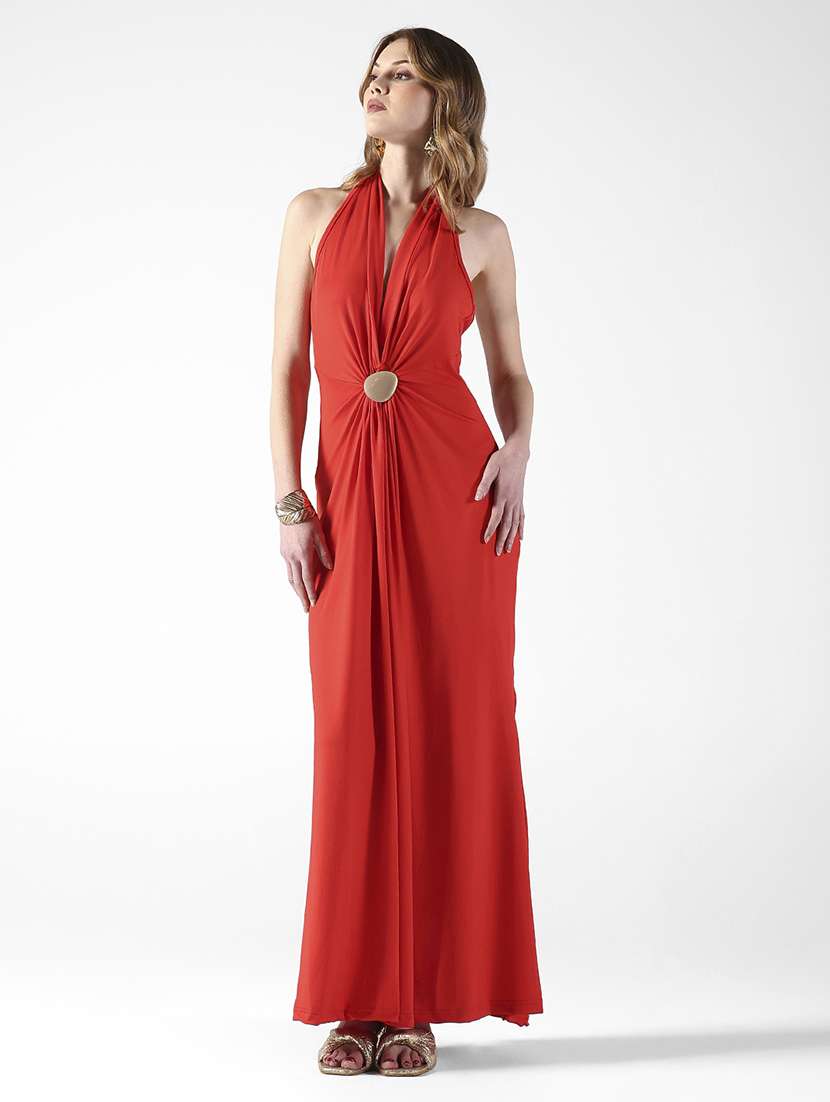 women solid halter neck sleeveless a-line dress