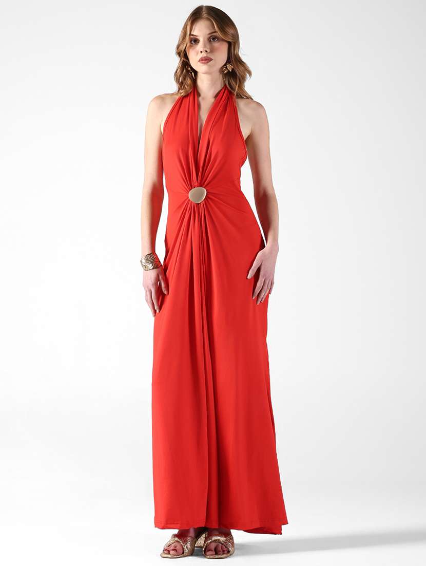 women solid halter neck sleeveless a-line dress - 22322047 -  Standard Image - 2