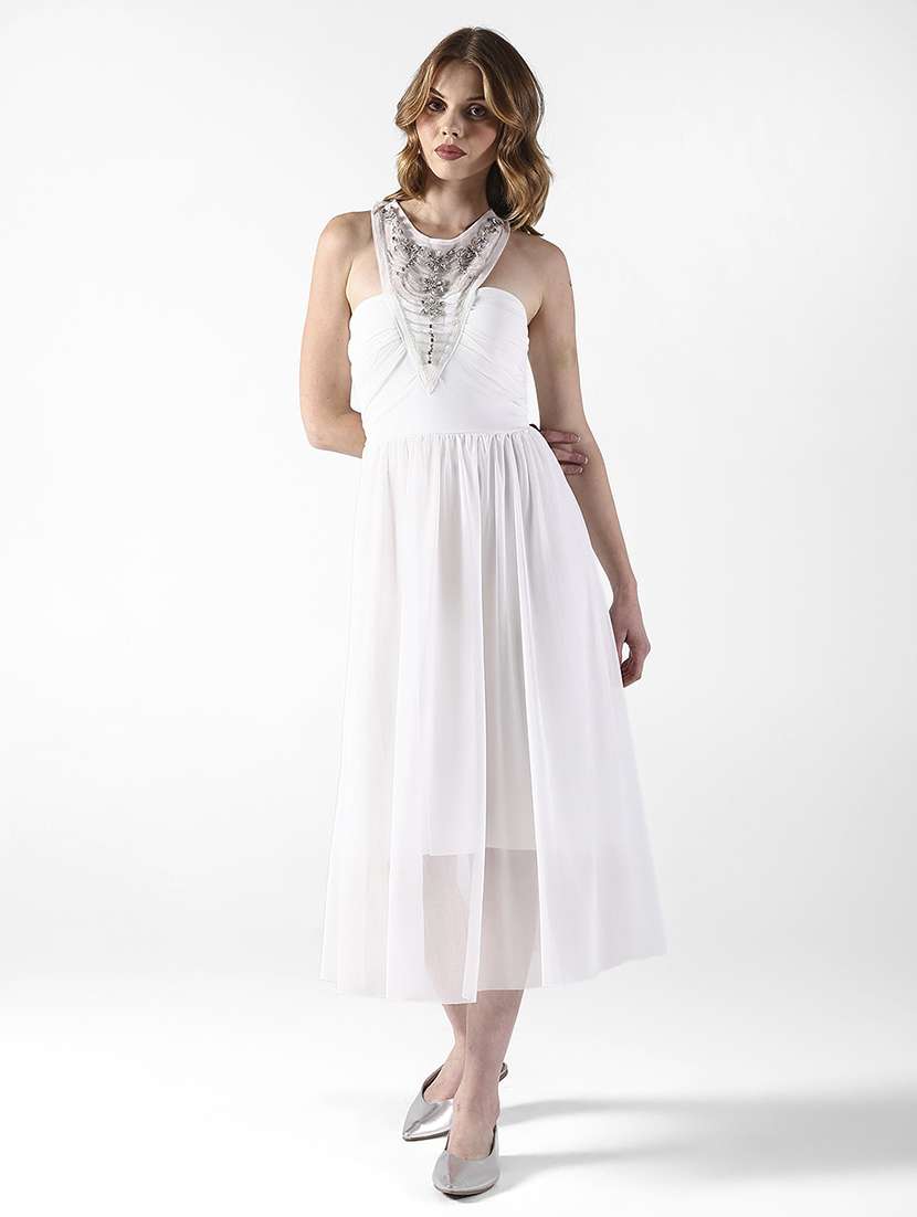 women embellsiged halter neck fit & flare dress - 22322048 -  Standard Image - 2