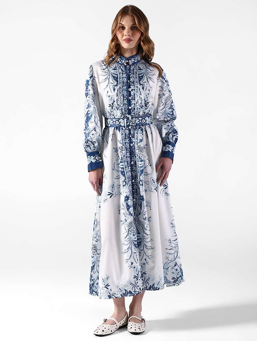 women printed puff sleeve a-line dress