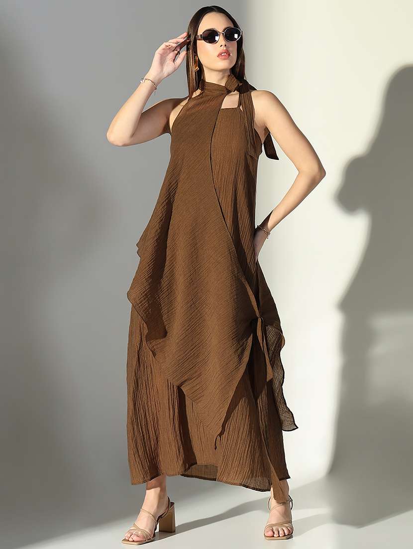 women solid shoulder strap a-line dress