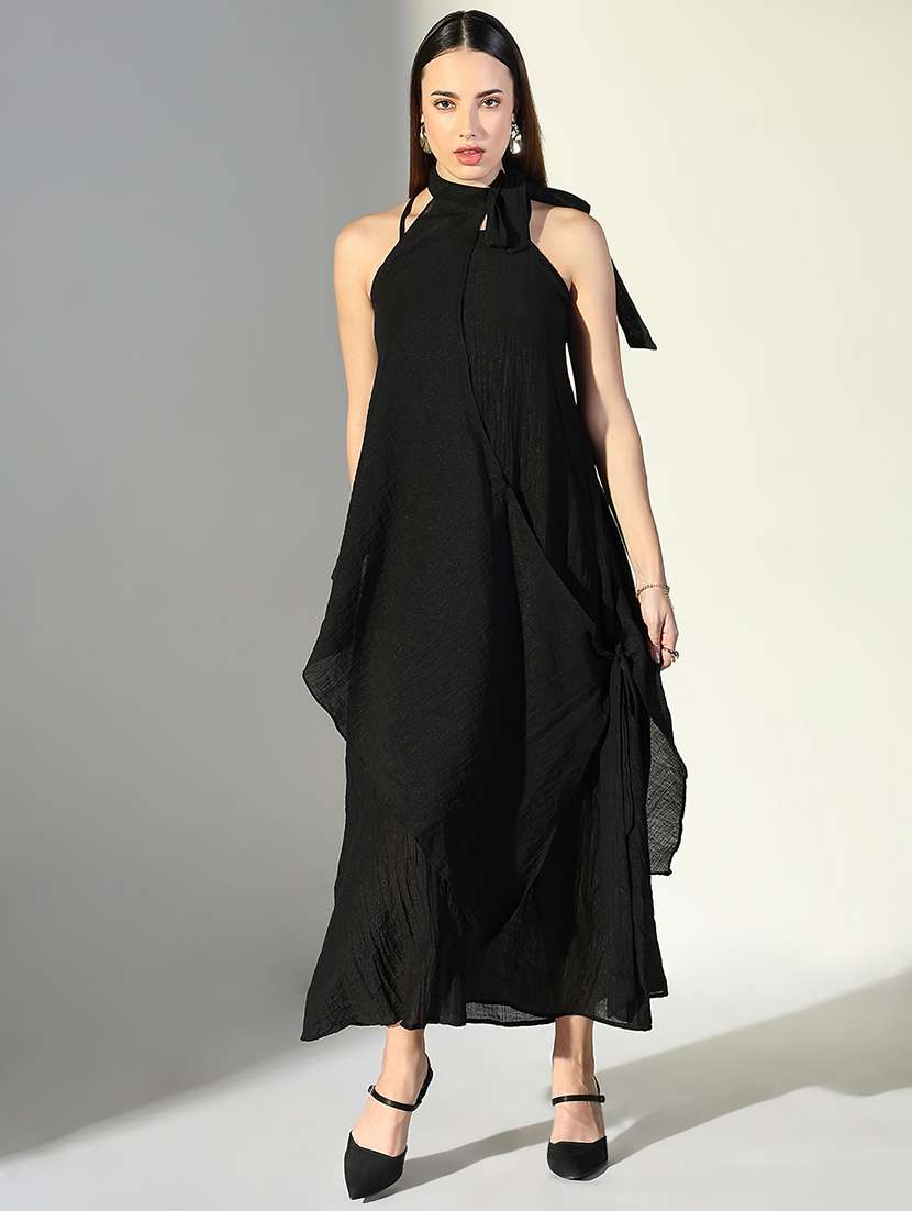 women solid shoulder strap a-line dress with drape over - 22322068 -  Standard Image - 2