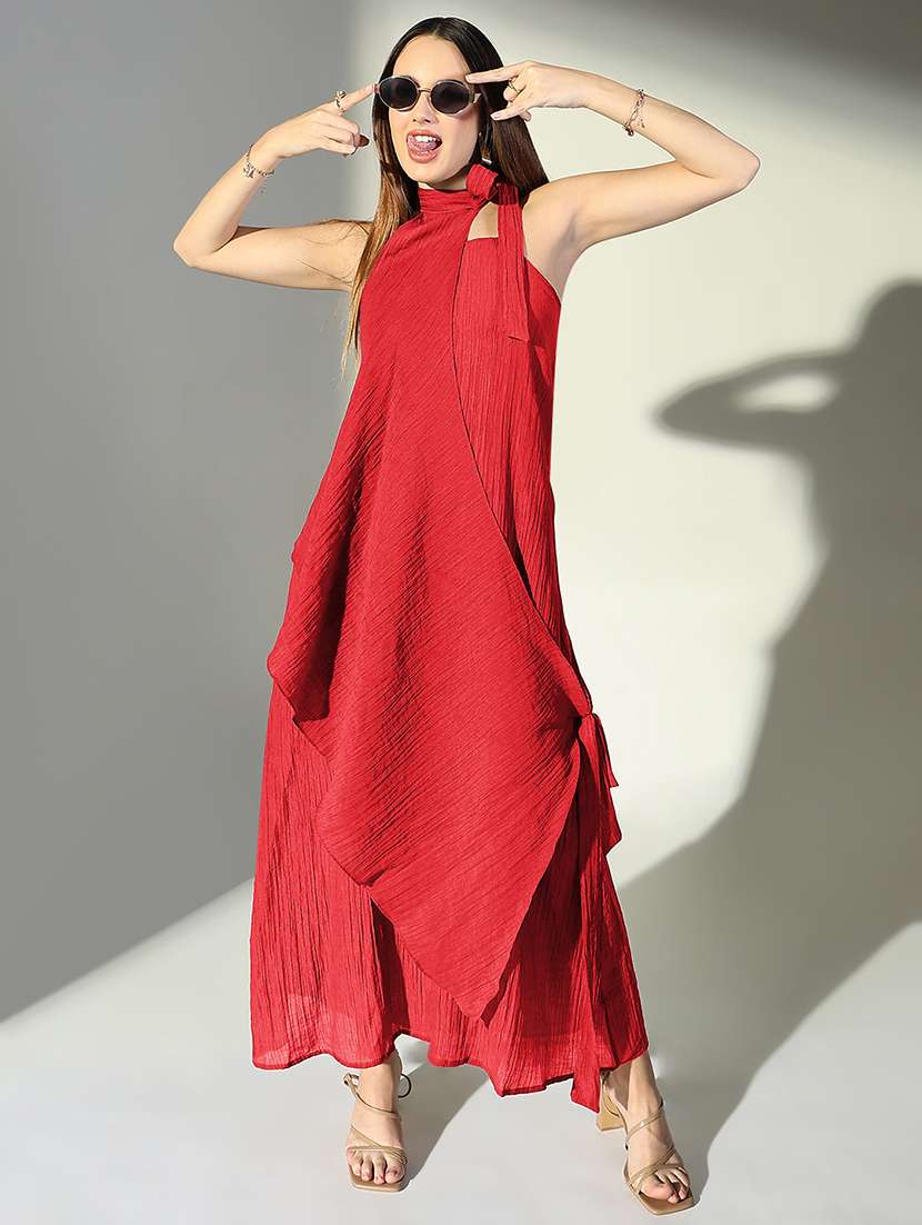 women solid shoulder strap a-line dress with drape over - 22322069 -  Standard Image - 2
