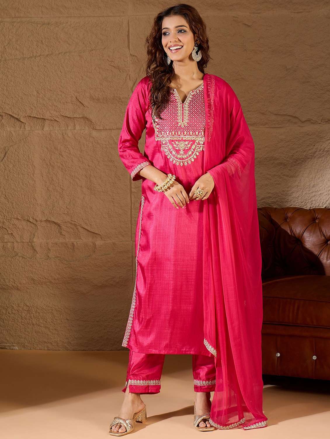 women solid with work three quarter sleeve kurta pant with dupatta set