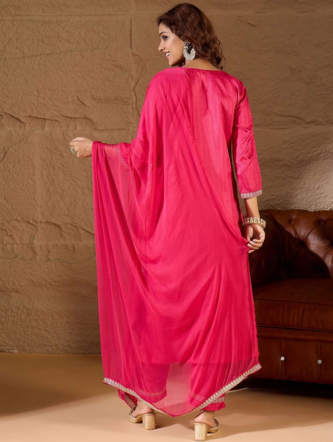 women solid with work three quarter sleeve kurta pant with dupatta set - 22322112 -  Standard Image - 2