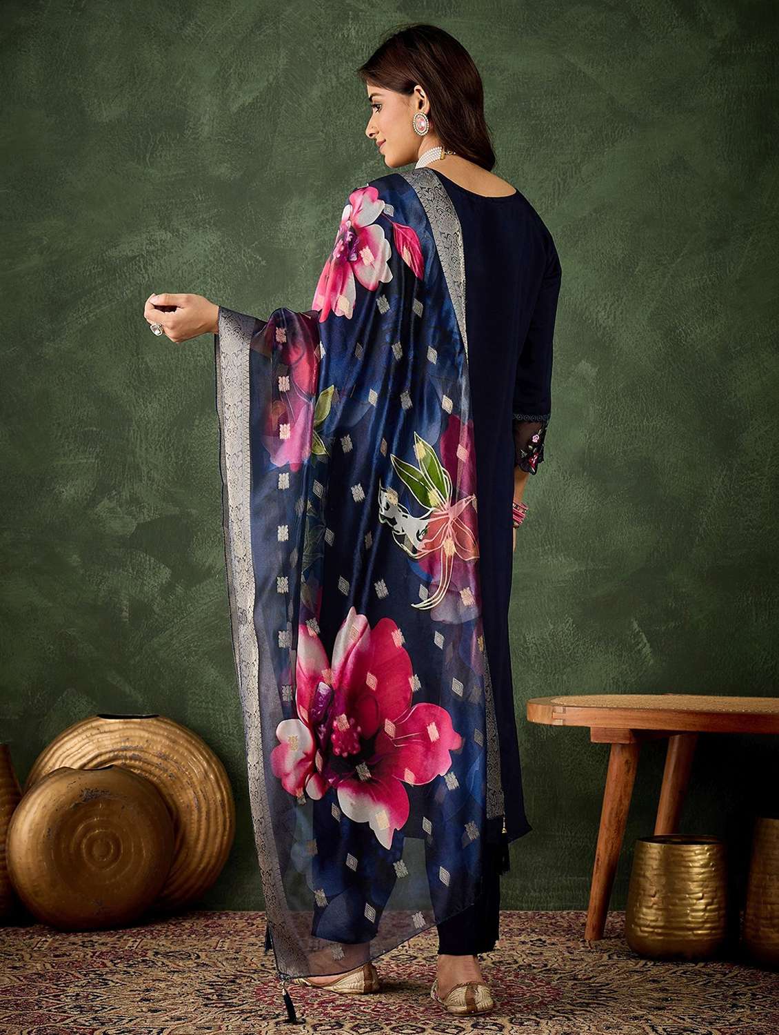 women solid with work three quarter sleeve kurta pant with dupatta set - 22322115 -  Standard Image - 2