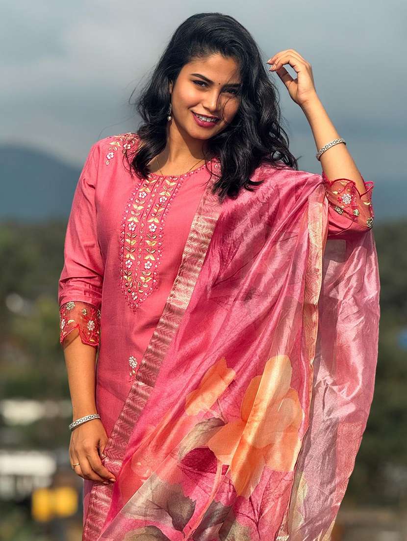 women solid with work three quarter sleeve kurta pant with dupatta set - 22322116 -  Standard Image - 2