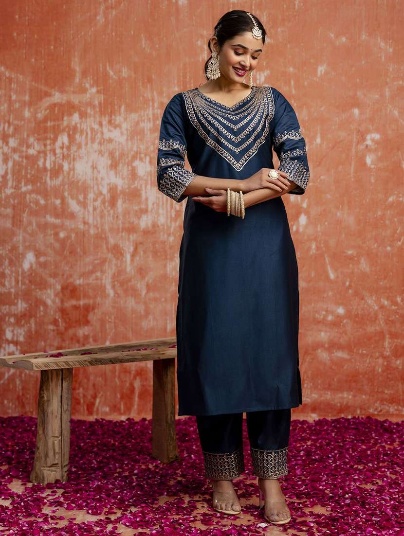 women solid with work three quarter sleeve kurta pant with dupatta set - 22322126 -  Standard Image - 2