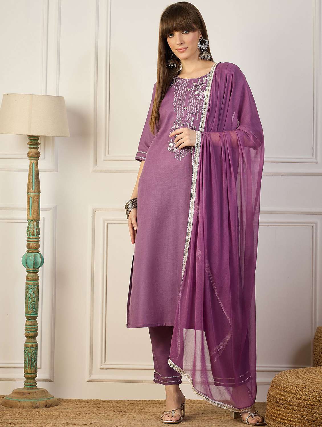 women solid with work three quarter sleeve kurta pant with dupatta set