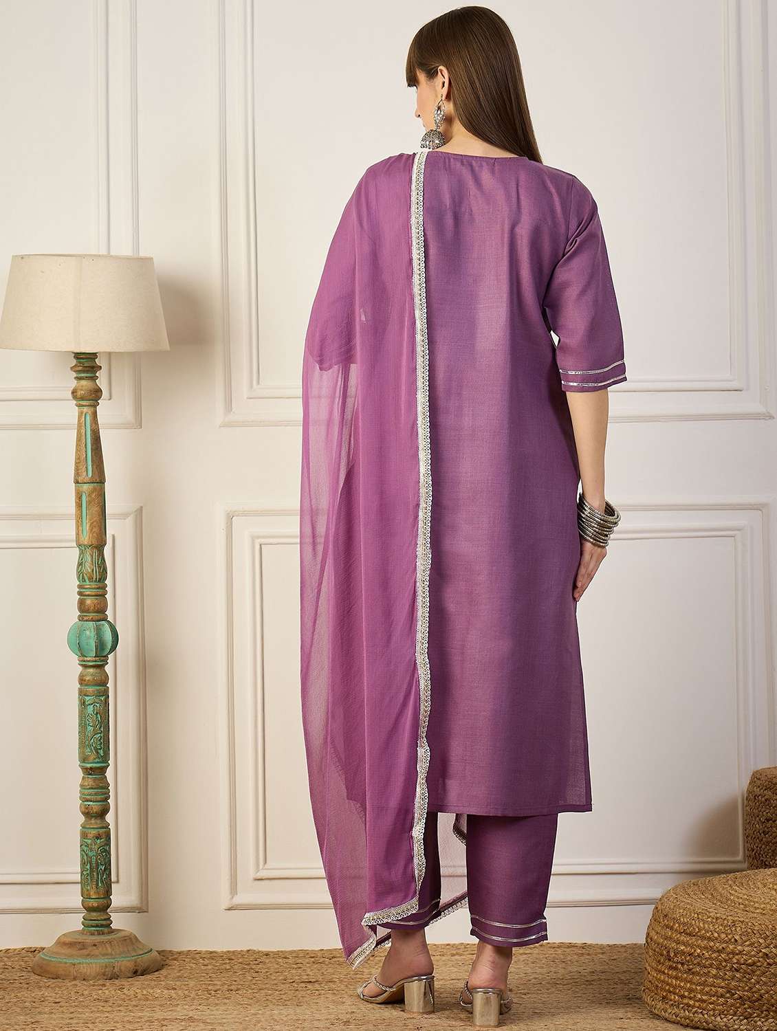 women solid with work three quarter sleeve kurta pant with dupatta set - 22322128 -  Standard Image - 2