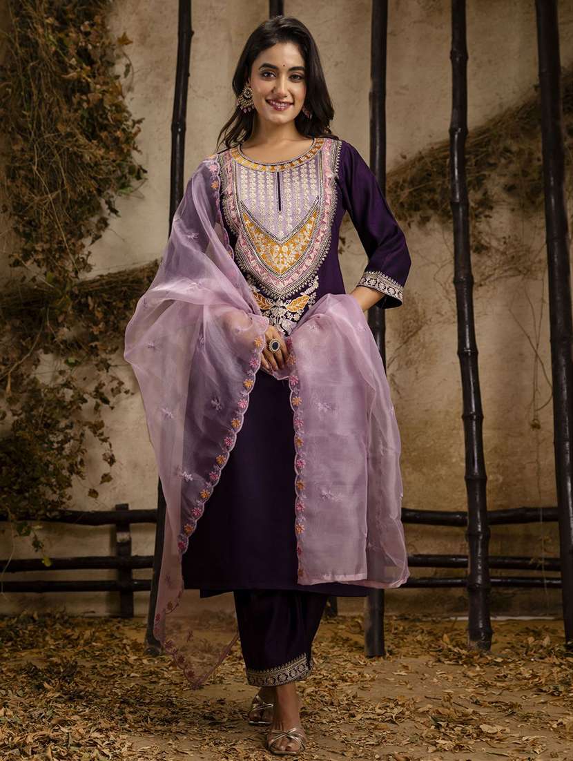 women solid with work three quarter sleeve kurta pant with dupatta set - 22322133 -  Standard Image - 2