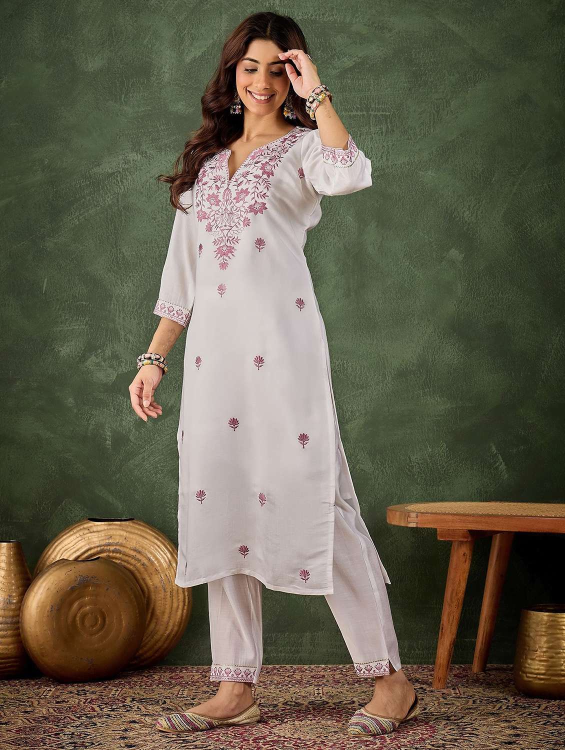 women solid with work three quarter sleeve kurta pant with dupatta set - 22322136 -  Standard Image - 2