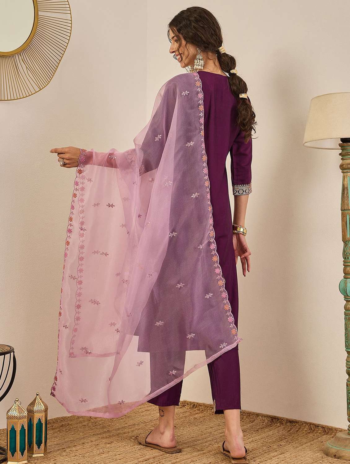 women solid with work three quarter sleeve kurta pant with dupatta set - 22322139 -  Standard Image - 2