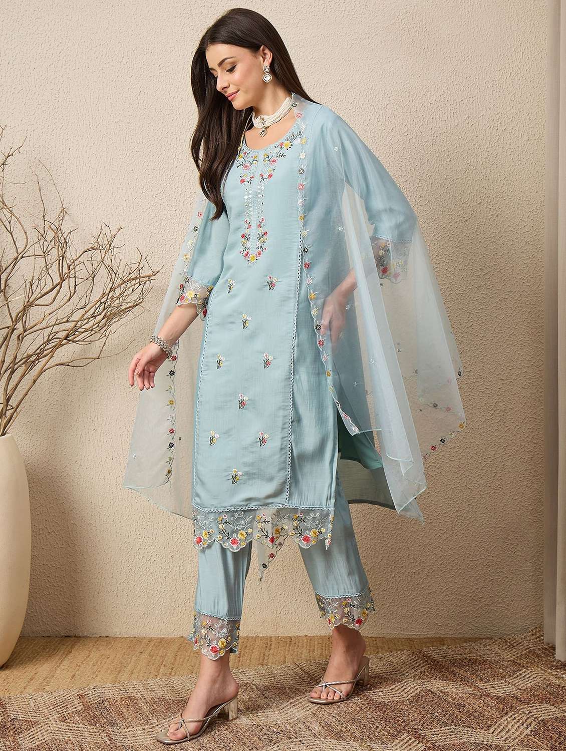 women solid with work three quarter sleeve kurta pant with dupatta set - 22322141 -  Standard Image - 2