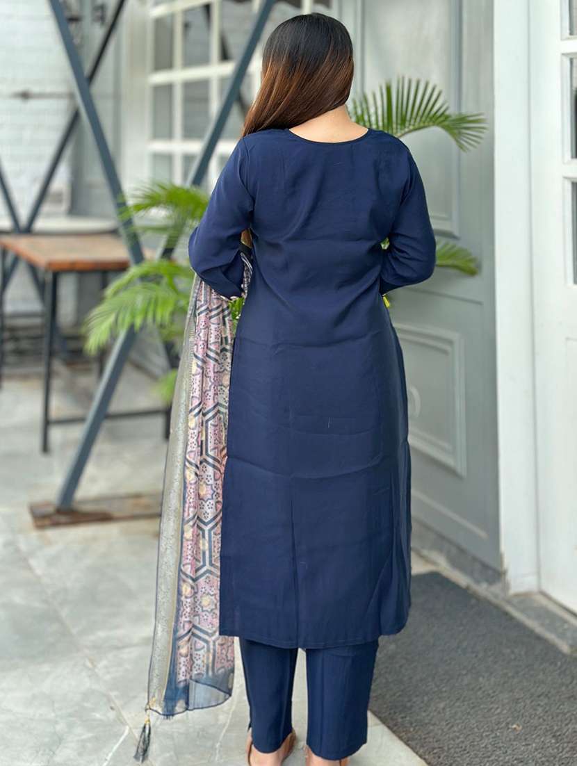 women solid with work three quarter sleeve kurta pant with dupatta set - 22322146 -  Standard Image - 2