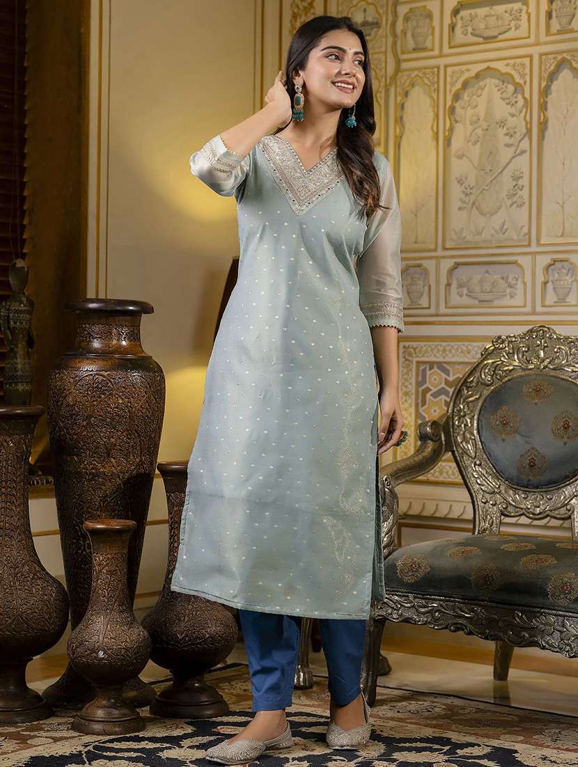 Women Self Design Three Quarter Sleeve Kurta Pant Set - 22322151 -  Standard Image - 2