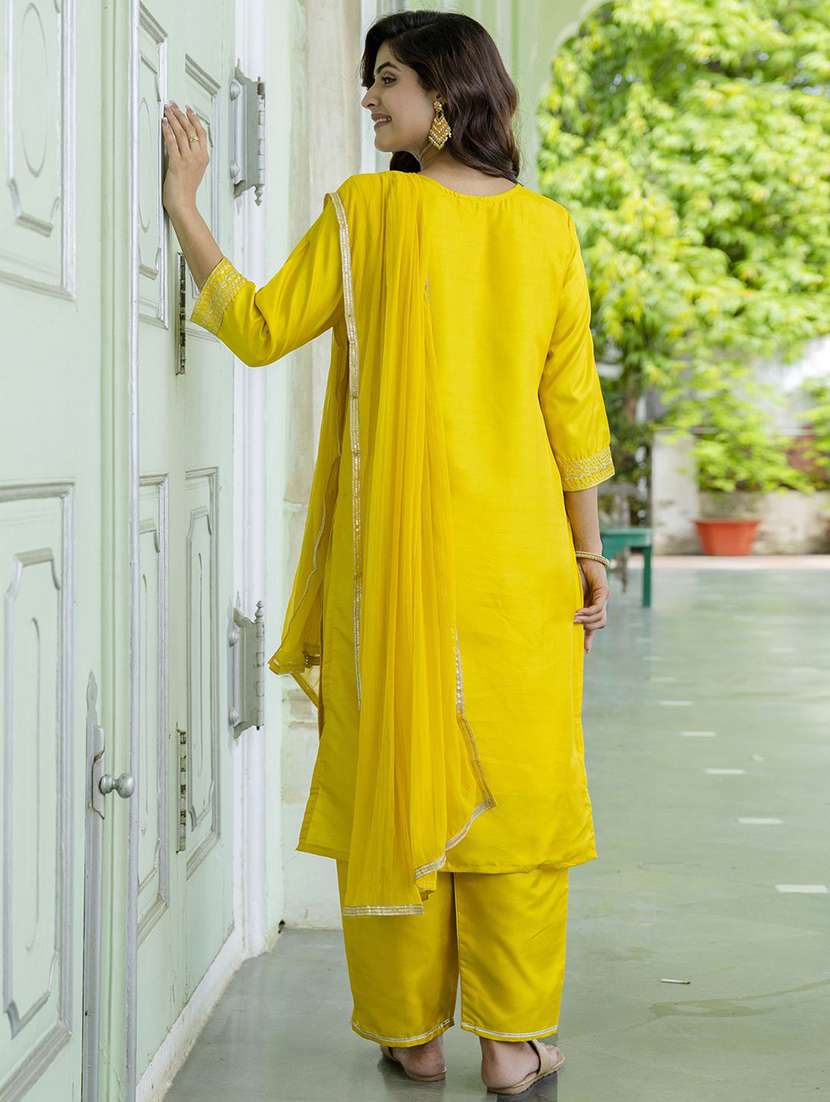 women solid with work three quarter sleeve kurta pant with dupatta set - 22322152 -  Standard Image - 2