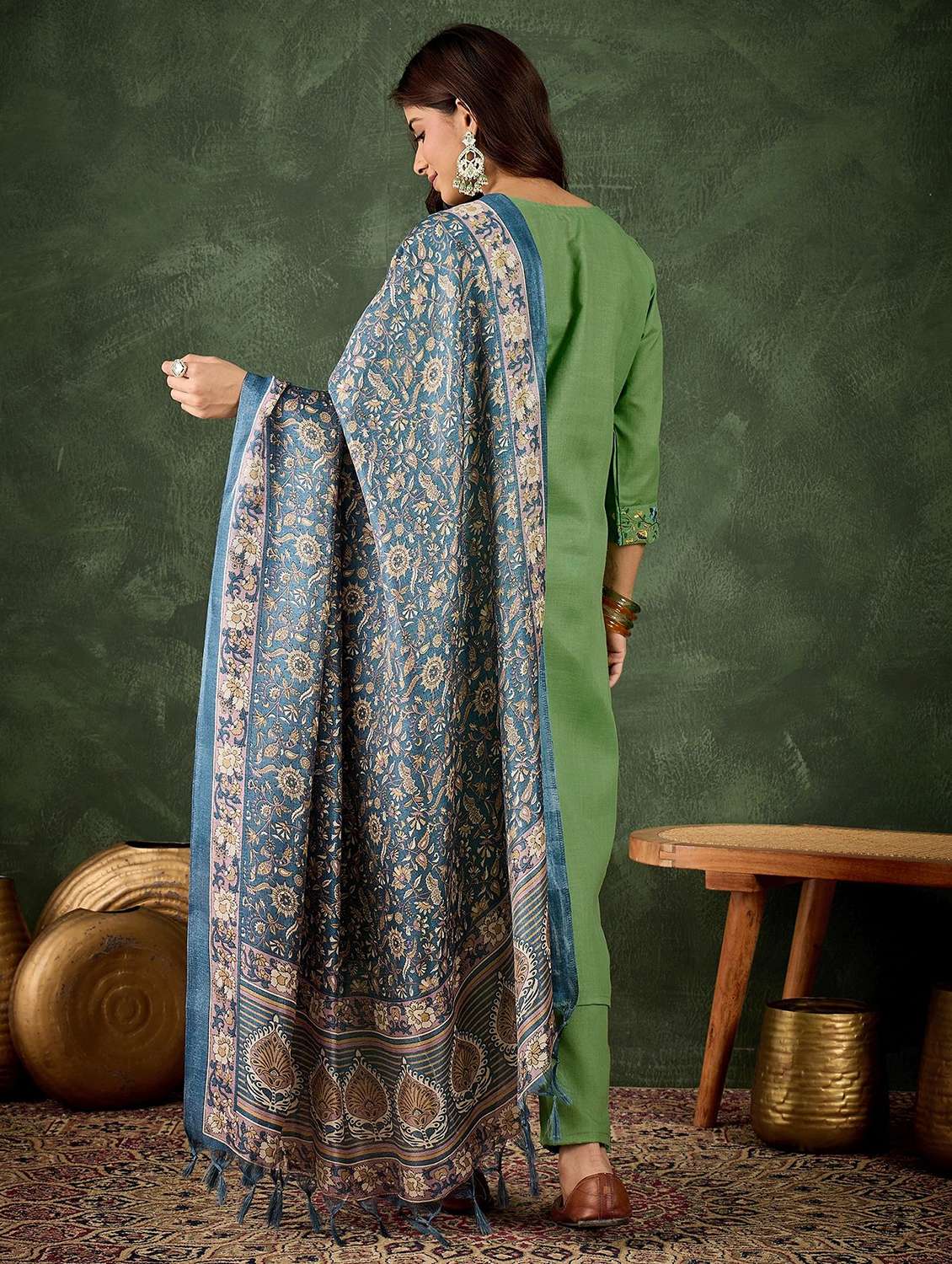 women solid with work three quarter sleeve kurta pant with dupatta set - 22322160 -  Standard Image - 2