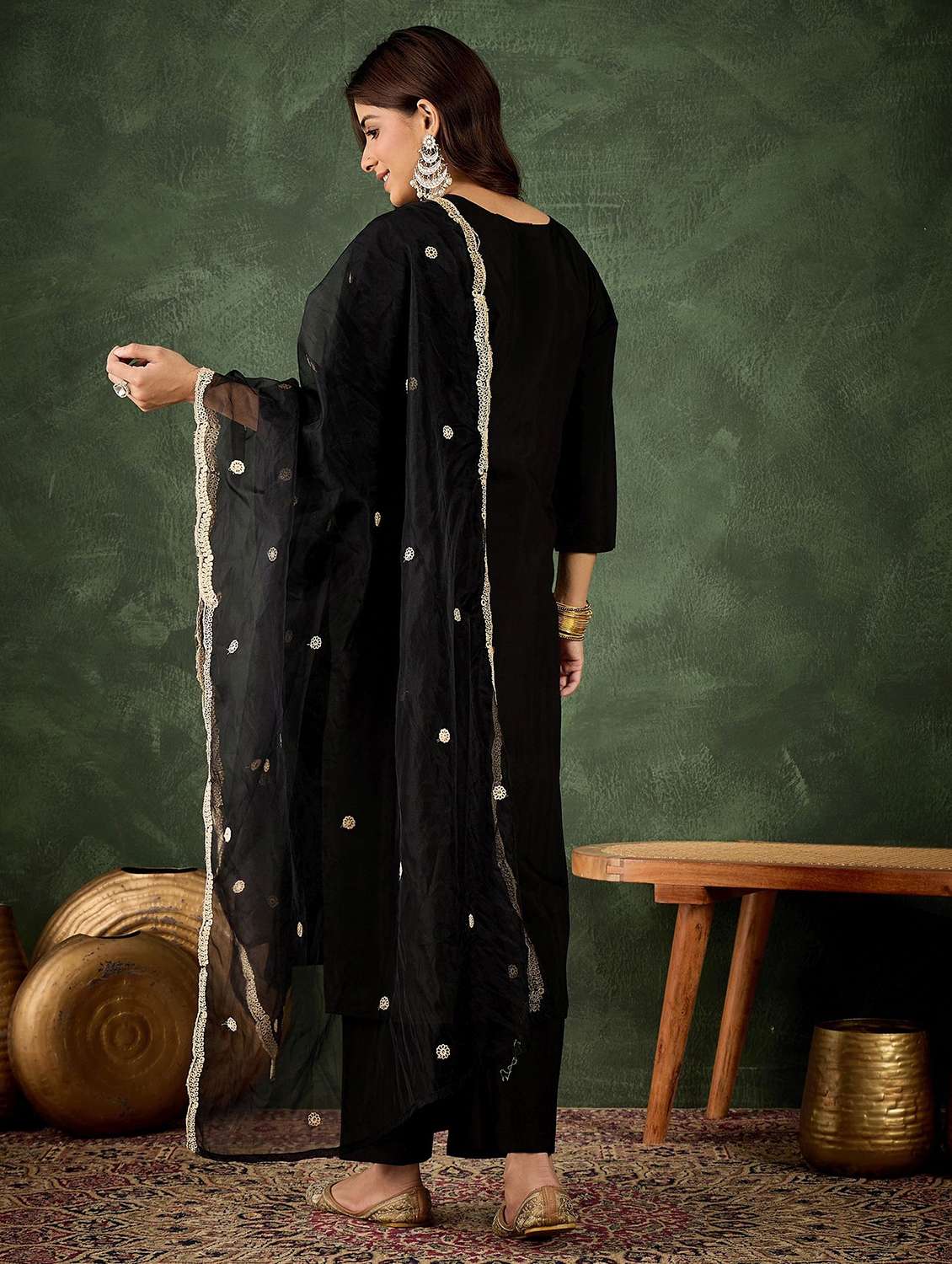 women solid with work three quarter sleeve kurta pant with dupatta set - 22322161 -  Standard Image - 2