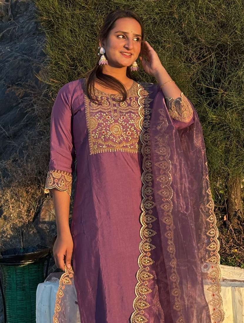 women solid with work three quarter sleeve kurta pant with dupatta set - 22322162 -  Standard Image - 2