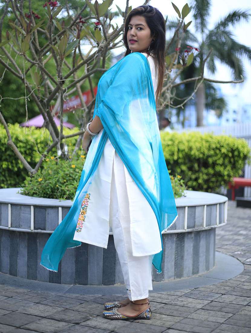 women solid with work three quarter sleeve kurta pant with dupatta set - 22322163 -  Standard Image - 2