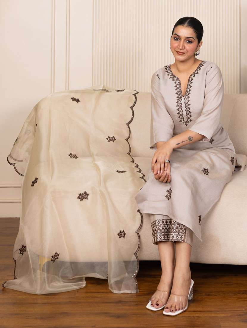 women solid with work three quarter sleeve kurta pant with dupatta set - 22322170 -  Standard Image - 2