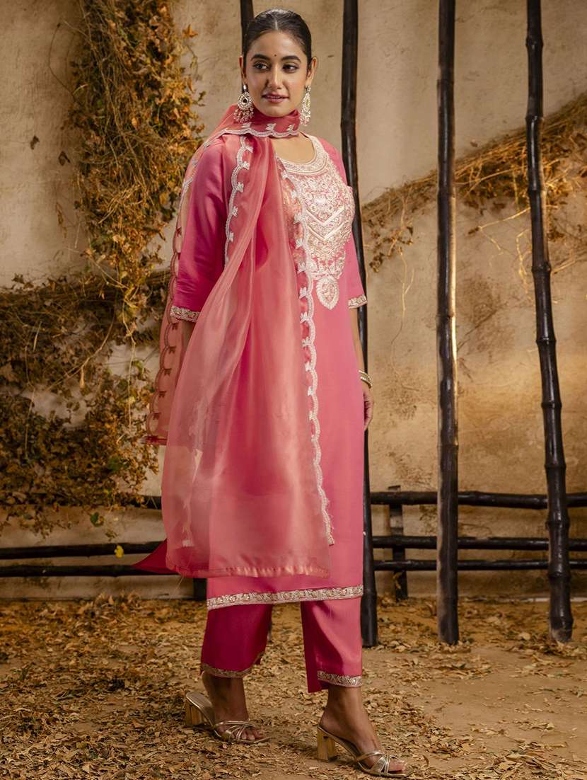 women solid with work three quarter sleeve kurta pant with dupatta set - 22322171 -  Standard Image - 2