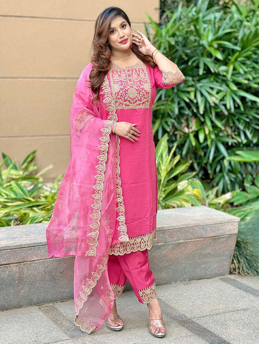 women solid with work three quarter sleeve kurta pant with dupatta set - 22322172 -  Standard Image - 2