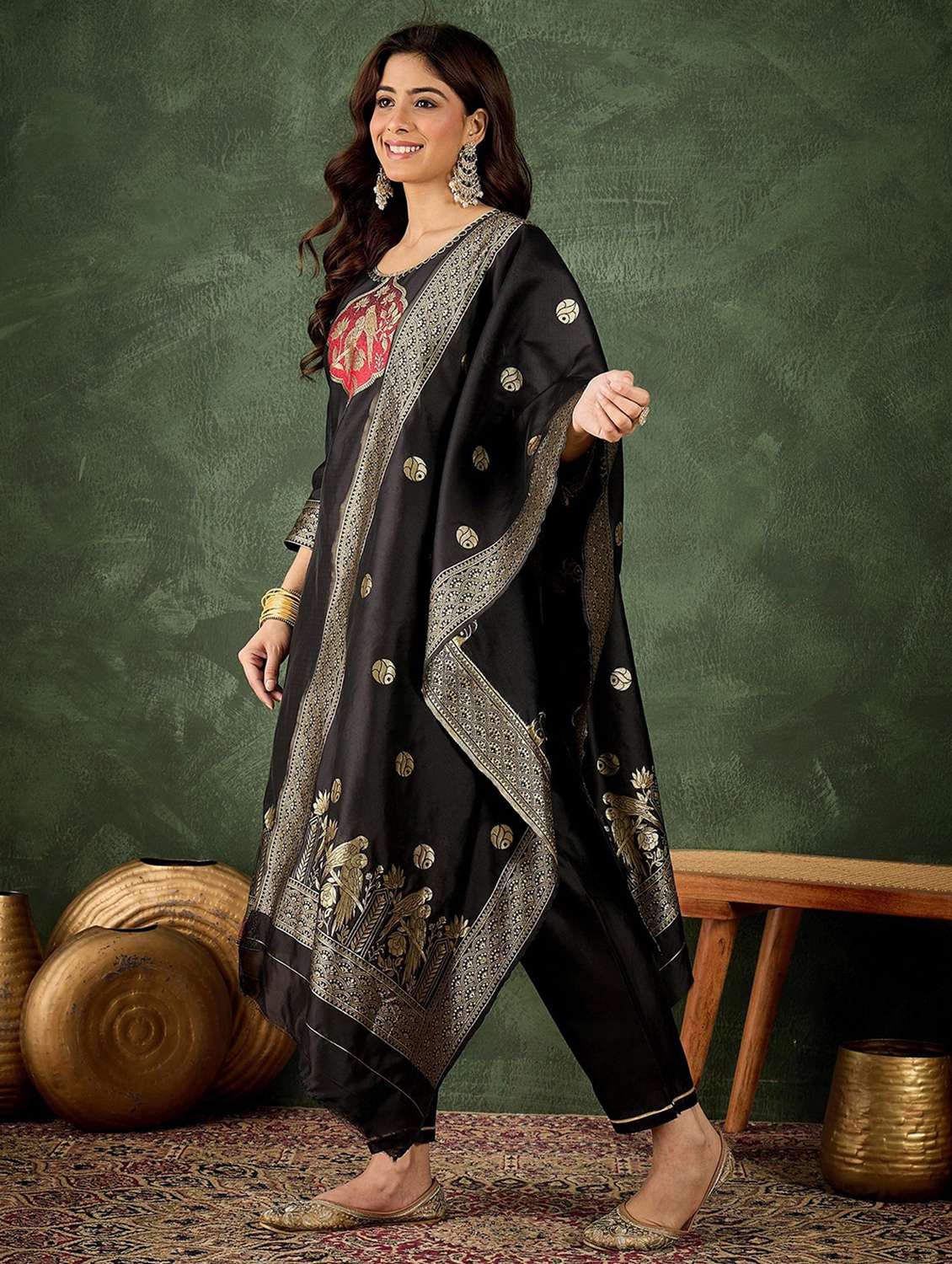 Women Self Design Three Quarter Sleeve Kurta Pant With Dupatta Set - 22322178 -  Standard Image - 2