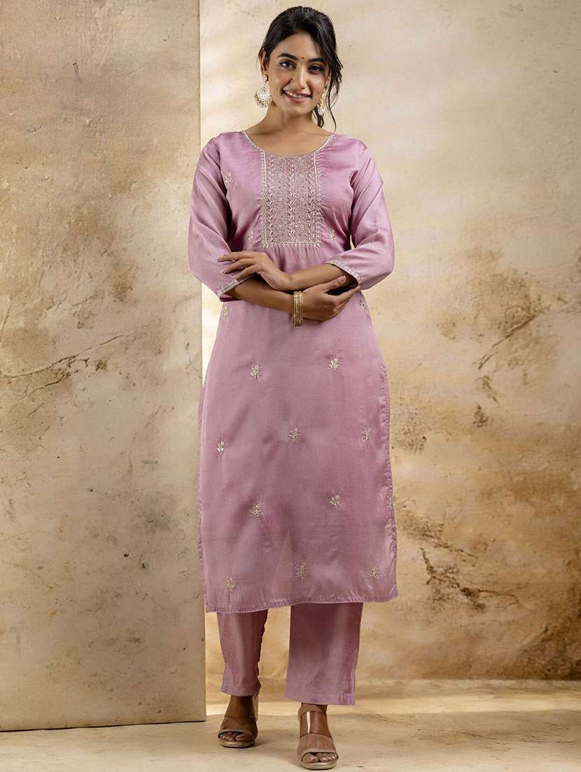 women solid with work three quarter sleeve kurta pant with dupatta set - 22322181 -  Standard Image - 2