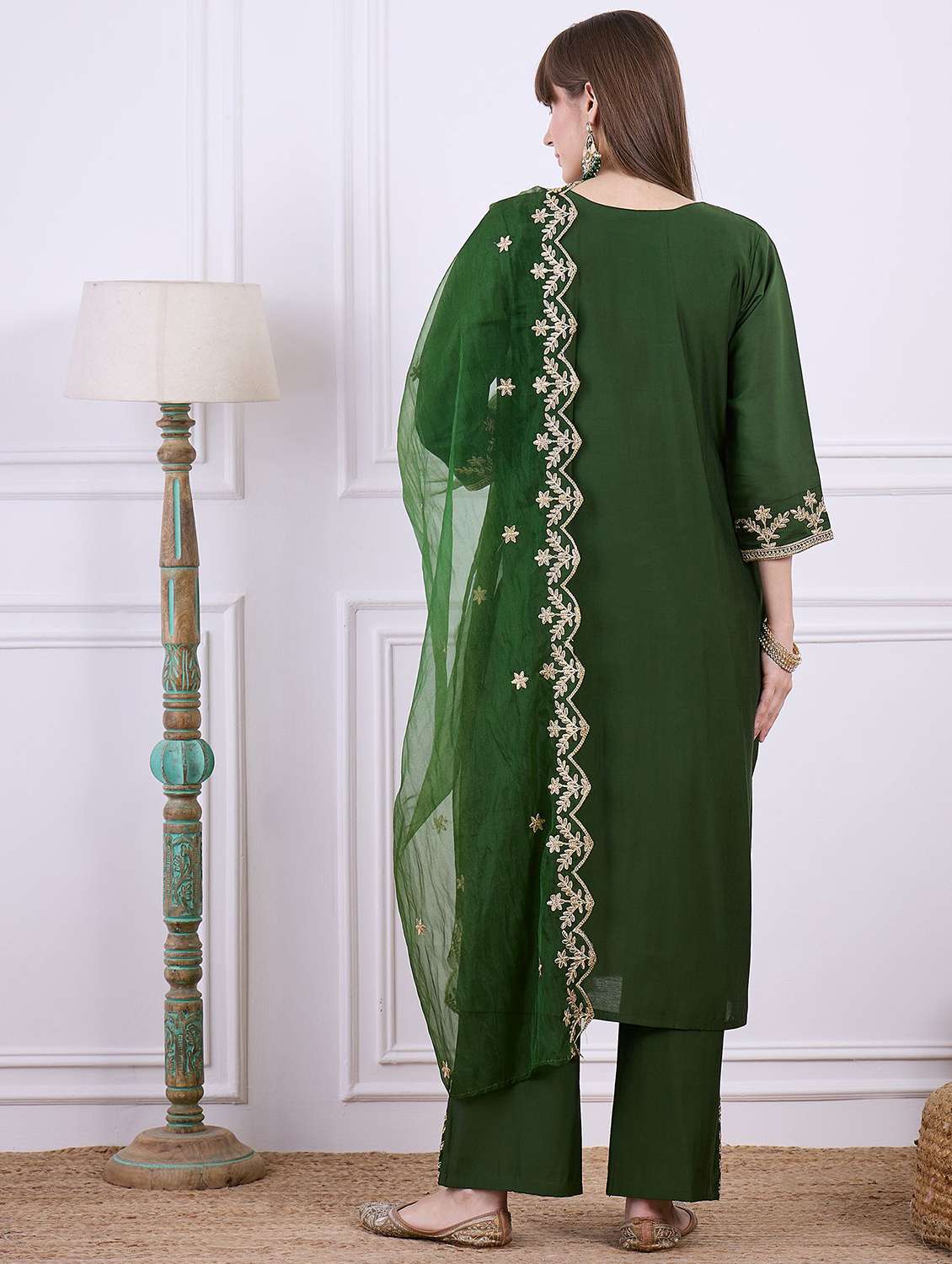 women solid with work three quarter sleeve kurta pant with dupatta set - 22322182 -  Standard Image - 2