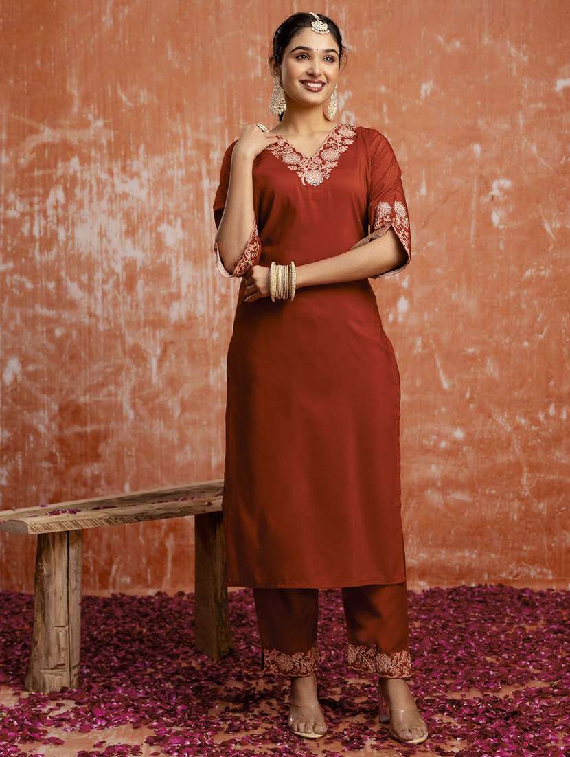 women solid with work three quarter sleeve kurta pant with dupatta set - 22322191 -  Standard Image - 2