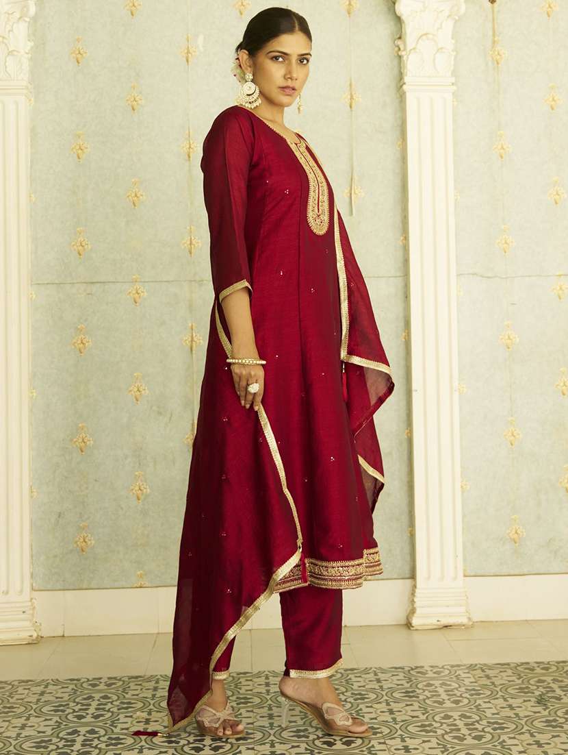maroon silk blend kurta pant  set - 22322195 -  Standard Image - 2