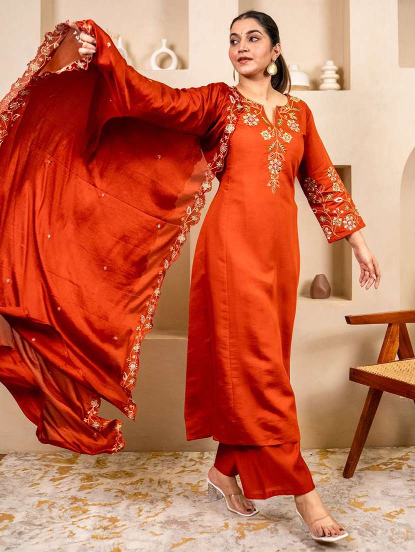 women solid with work three quarter sleeve kurta pant with dupatta set - 22322200 -  Standard Image - 2