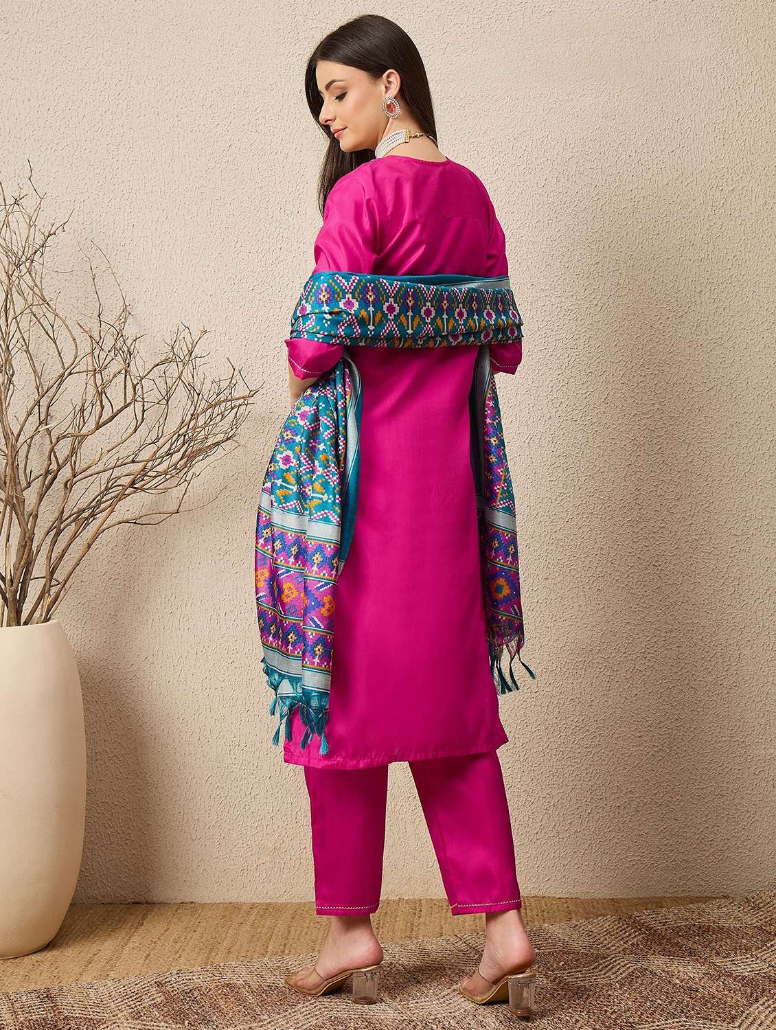women solid with work three quarter sleeve kurta pant with dupatta set - 22322201 -  Standard Image - 2