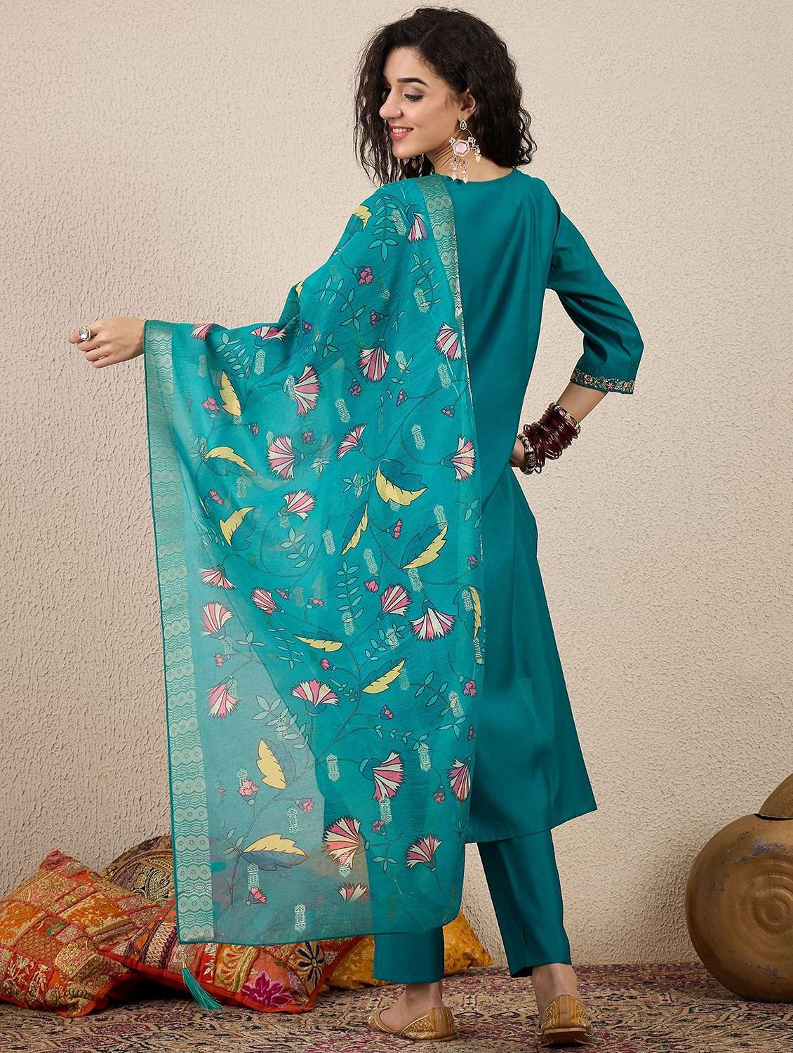 women solid with work three quarter sleeve kurta pant with dupatta set - 22322202 -  Standard Image - 2