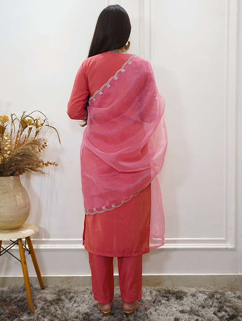 women solid with work three quarter sleeve kurta pant with dupatta set - 22322204 -  Standard Image - 2