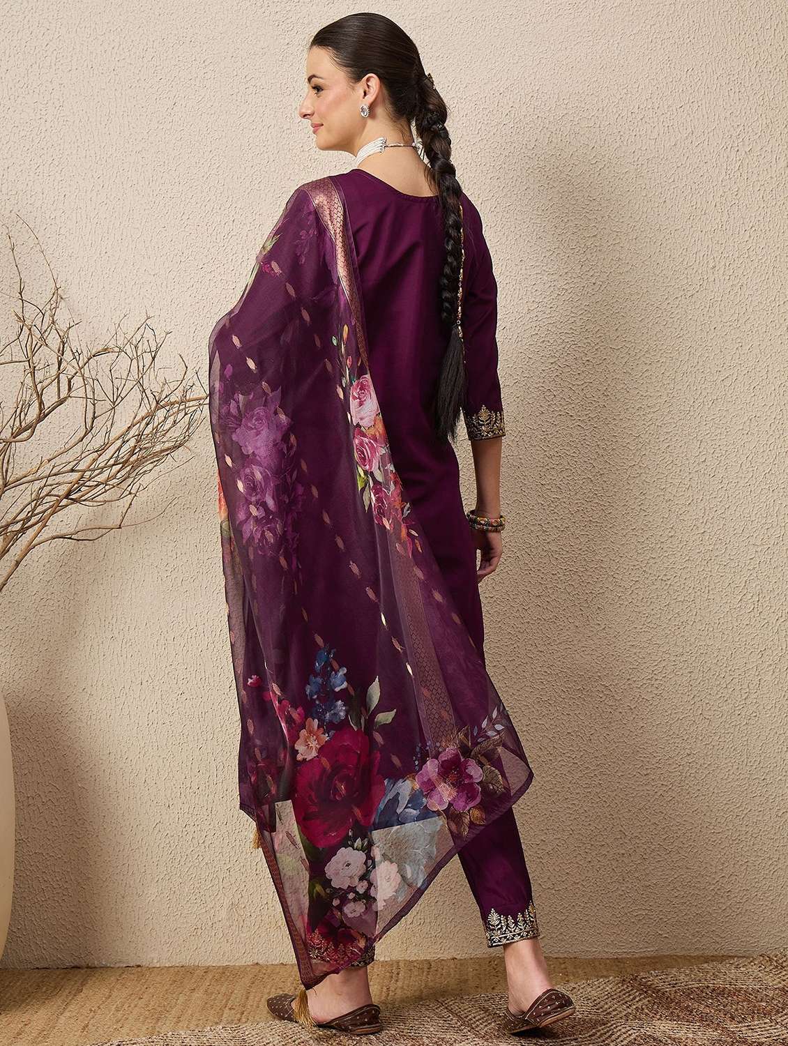 women solid with work three quarter sleeve kurta pant with dupatta set - 22322205 -  Standard Image - 2