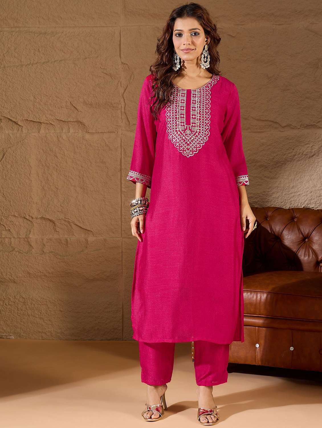women solid with work three quarter sleeve kurta pant with dupatta set - 22322207 -  Standard Image - 2